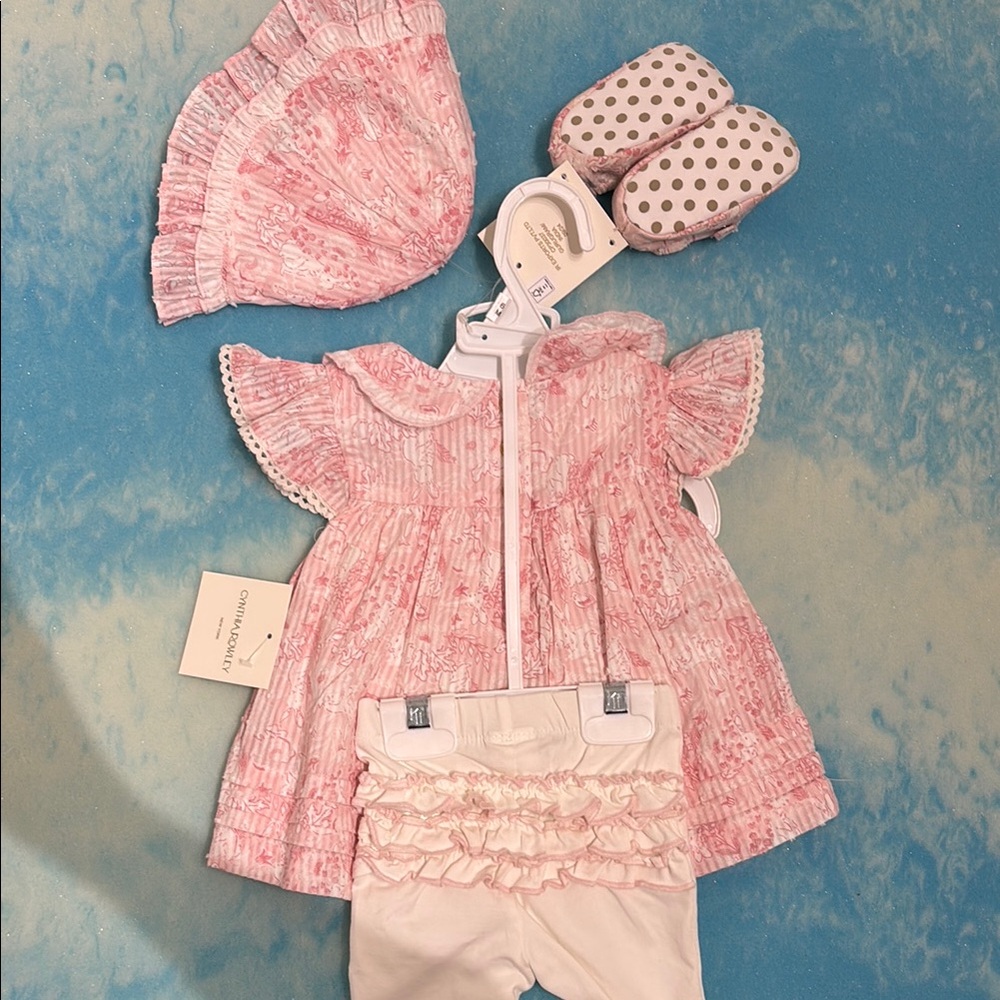 Cynthia Rowley Pink Baby Dress Set with Bonnet and Shoes - Picture 5 of 6